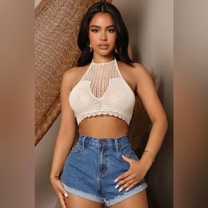 Fashion Nova - Crochet All Day Halter Top - Cream